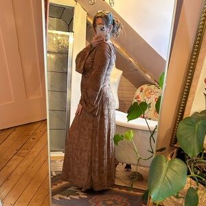 Brown boho Long Sleeve Floral Jacquard Maxi Dress